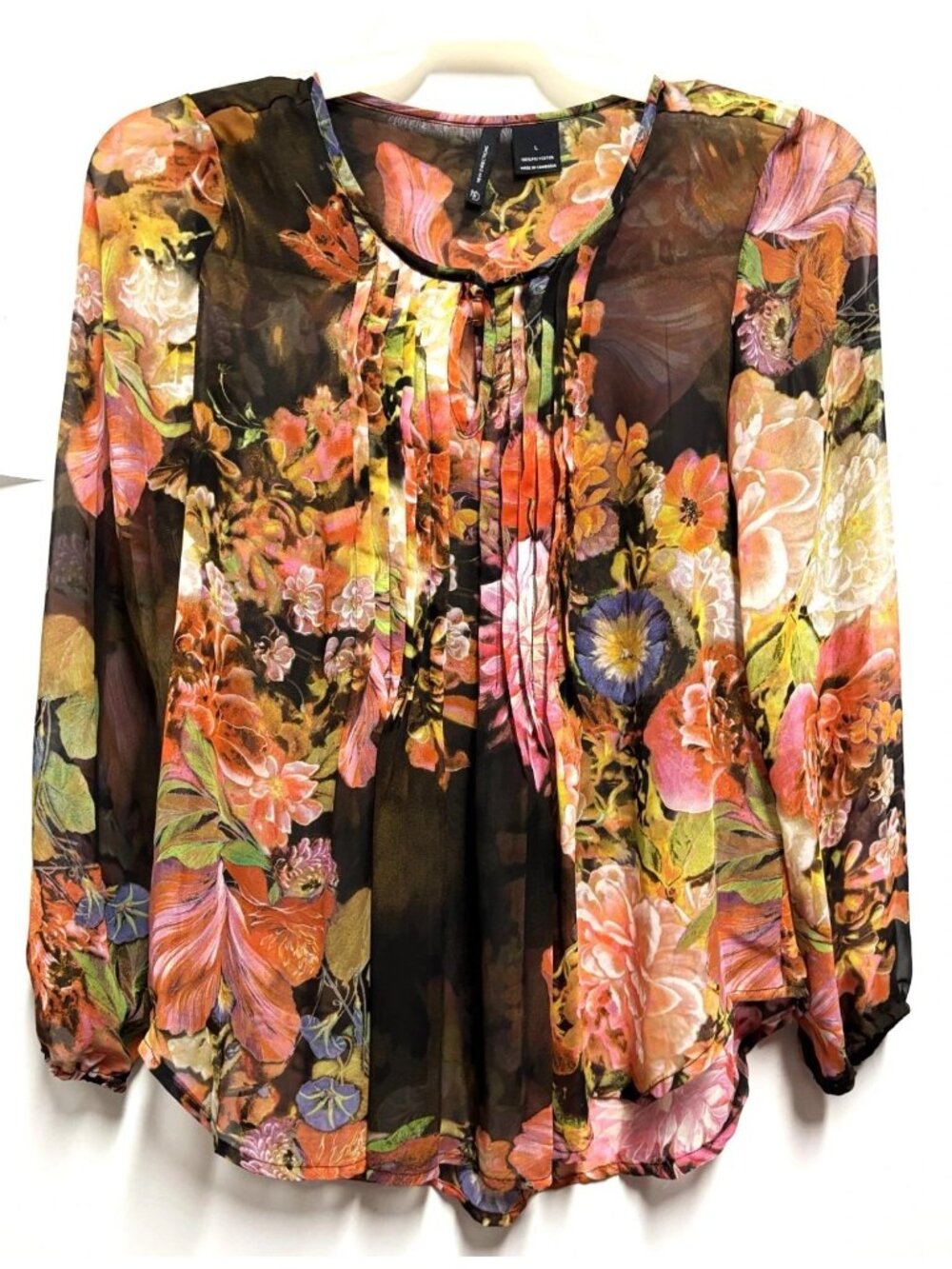 New Directions Brown Orange Sheer Top Size Large Pintuck Front